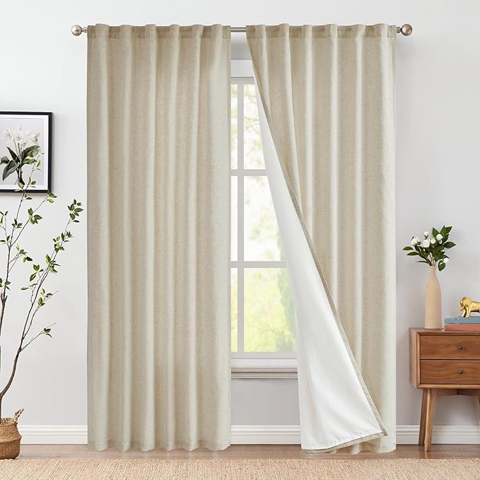 jinchan Linen Curtains with Privacy Lining 90 inch Length Lined Curtains for Living Room Bedroom Light Filtering Oatmeal Drapes Neutral Farmhouse Cottage Core Home Office Rod Pocket Back Tab 2 Panels