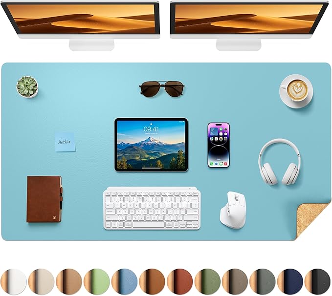 Aothia Cork Desk Mat - Dual-Sided XL PU Leather Desk Pad & Full Desk Protector, Large Waterproof Desktop Mat for Office & Gaming (47" x 23.6", Blue Topaz)