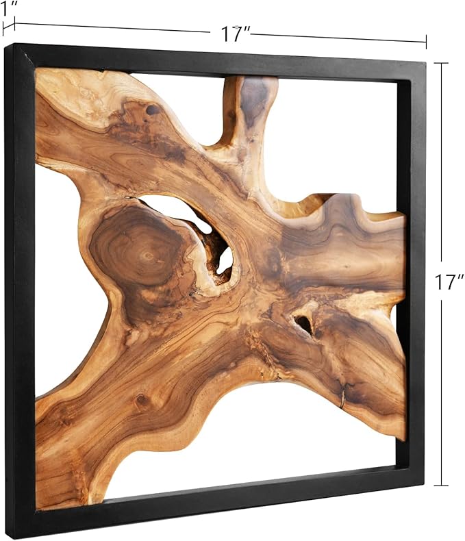 JOLLYMER Live Edge Teak Wood Wall Decor, Rustic Wooden Wall Art, Handcrafted Home Decoration for Living Room Bedroom Office, 17"x17" Black Frame