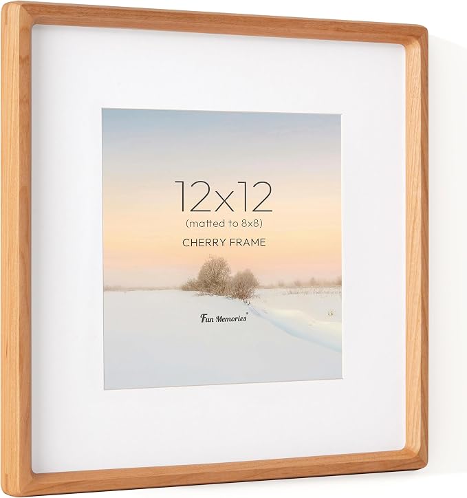 12x12 Frame, USA-Sourced Cherry Wood Photo Frames with HD Tempered Glass, Handcrafted Rounded Corner Square Wooden Frames Matted to 8x8 Photos, 12x12 Picture Frame, Tabletop or Wall Display
