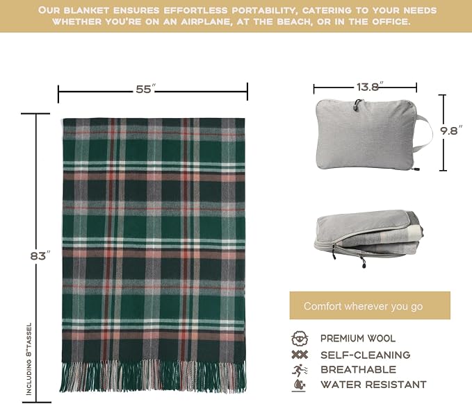 Woolly Throw Pure Wool Blanket - Large 55x83 inches, 1.5 lbs,Wool Fringed Knee Throw Blanket for Couch Bed Outdoor Travel,Soft Lightweight Breathable Blanket for All Season,Green Check