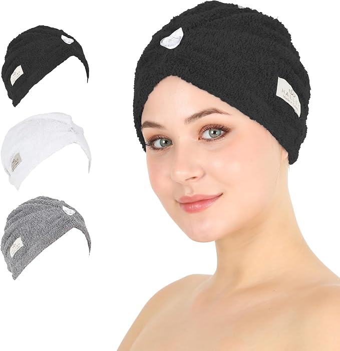 HALLEY Cotton Hair Towel Wrap (3 Packs) Super Absorbent Fast Drying Turbans for Thick, Wet Hair with Button (Black, White, Grey)