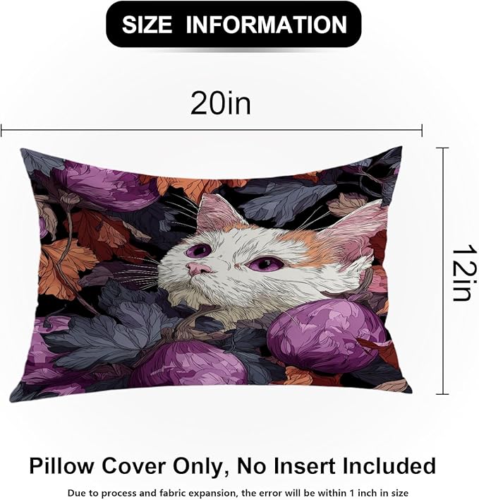 Shrahala Cute Cat Decorative Throw Pillow Cover, Cat Among Purple Fruits Lumbar Pillowcase Blended Double-Sided No Inserts for Bedroom Living Room Set of 2 (12 x 20 in)