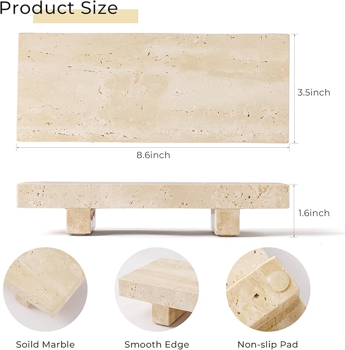 Travertine Soap Tray for Bathroom Countertop 8.6" x 3.5" Waterproof Stone Soap Dish Holder, Marble Pedestal Stand for Sink, Vanity, Counter Luxury Decorative Tray Farmhouse Decor Beige (WH087)