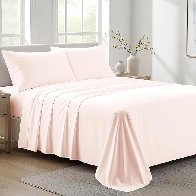 100% Organic Cotton Sheets Full Size - 4 PC Organic Cotton Full Size Percale Weave Sheet Set, Soft, Cooling, Crisp & Breathable, 16" Deep Pocket Hotel Quality Bedding Set - Blush