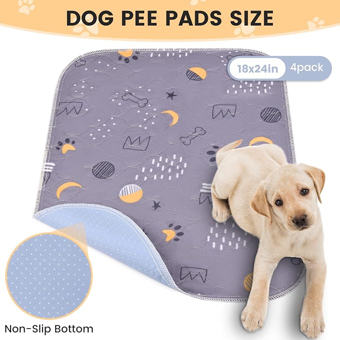 UPSKY Washable Pee Pads for Dogs 4 Pack 18” x 24” Reusable Puppy Pads Waterproof Pet Training Pads, Non-Slip Dog Mats Fast Absorbent Whelping Pads for Playpen, Potty, Crate, Bed