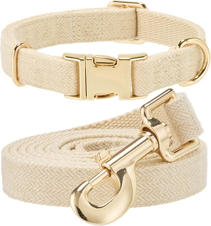 Luxury Soft Cotton Tweed Fabric Dog Collar & Leash Set with Gold Buckle – Durable Fabric, Stylish Design for Everyday Walks(Medium Cream)