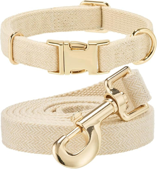 Luxury Soft Cotton Tweed Fabric Dog Collar & Leash Set with Gold Buckle – Durable Fabric, Stylish Design for Everyday Walks(Small Cream)