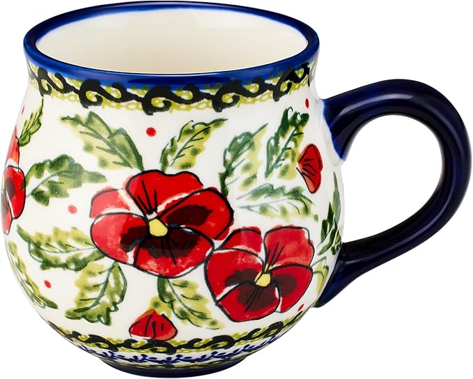 13oz Ceramic Coffee Mug, Hand-Painted Floral Polish Pottery Style Cup, Large Stoneware Tea Mug with Handle, Microwave & Dishwasher Safe (Flower B)