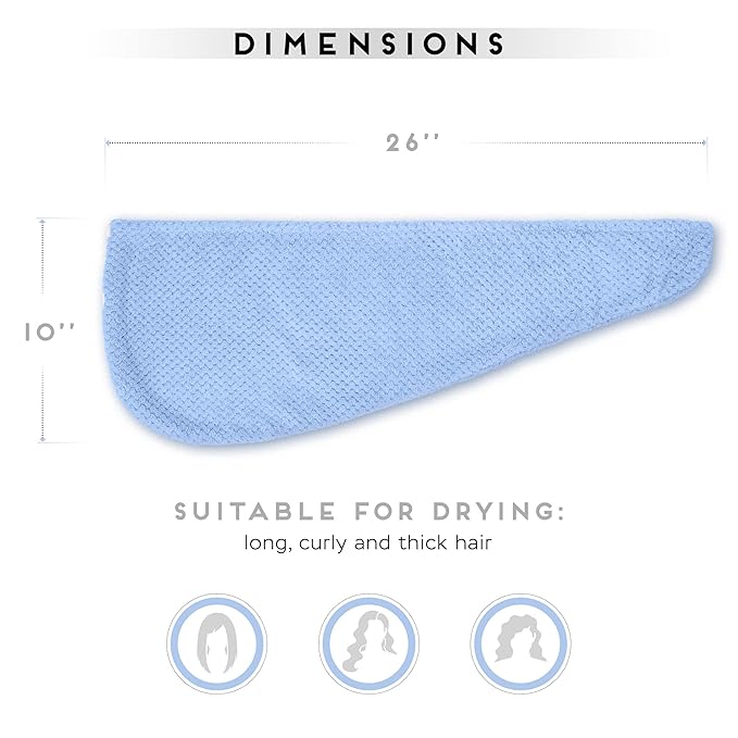 SimpleField 2 Pack Microfiber Hair Towel Wrap for Women, Anti Frizz Quick Drying Hair Turban for All Hair Style, Absorbent and Lightweight (Blue)