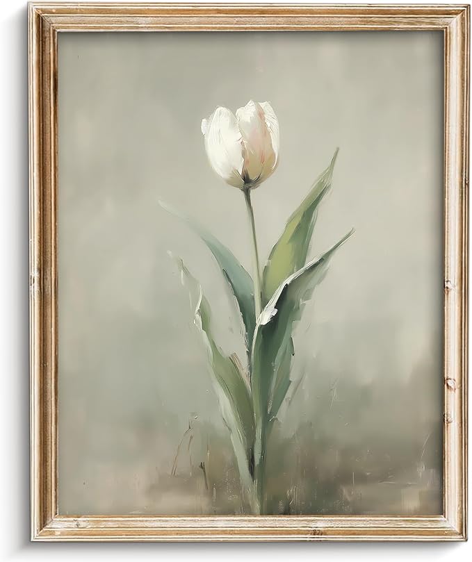 Vodefoad Vintage Neutral White Tulip Wall Art, Neutral White Tulip Wall Art, Minimalist Spring Flower Painting, Retro Botanical Print, Eater Farmhouse Decor for Gallery Home Bedroom Farmhouse Bedroom - 8x10Inch Unframe