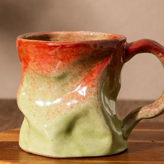 Handmade Ceramic Coffee Mugs, Mugs with Spoon, 11oz, Handmade Pottery Mug with Handle, Hand-painting, Unique Uneven Surface Tea cups, Dishwasher and Microwave Safe (green)