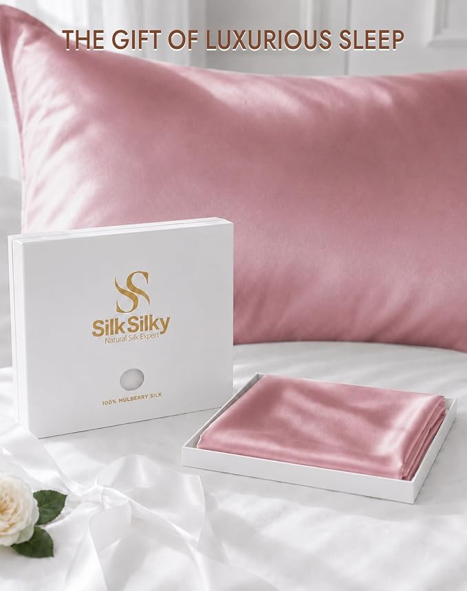 SilkSilky 100% Pure Organic Mulberry Silk Pillowcase for Hair & Skin, Both Sides Grade 6A Pillow Cases with Hidden Zipper, Breathable Cooling Silk for Beauty Sleep (Standard 20''x26'', PaleMauve)