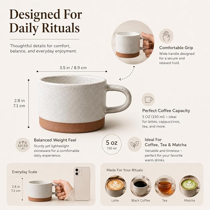 Speckled Ceramic Coffee Mug 5 oz – Minimalist Stoneware Cup with Raw Clay Base, Dishwasher & Microwave Safe – Cozy Gift for Coffee Lovers, Tea, Latte, Cappuccino, Set of 2