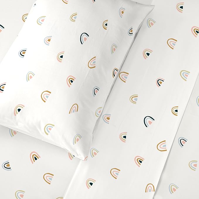 MakeMake Organics Organic Queen Sheet Set (4 Piece) GOTS Certified Organic Cotton Sheets Non Toxic Safe Fitted, Flat Sheet, Pillowcases (Rainbow)