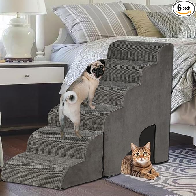 Dog Stairs for High Beds 25-30 inches Tall, 6-Step Dog Steps for High Bed for Doggies/Kitties, 30D Foam Pet Stairs Steps for Small Dogs, Doggie Ramp/Ladder for Old Dogs/Cats, Grey