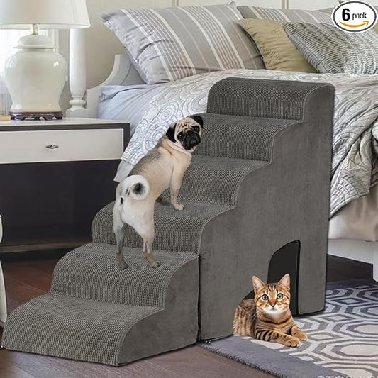Dog Stairs for High Beds 25-30 inches Tall, 6-Step Dog Steps for High Bed for Doggies/Kitties, 30D Foam Pet Stairs Steps for Small Dogs, Doggie Ramp/Ladder for Old Dogs/Cats, Grey