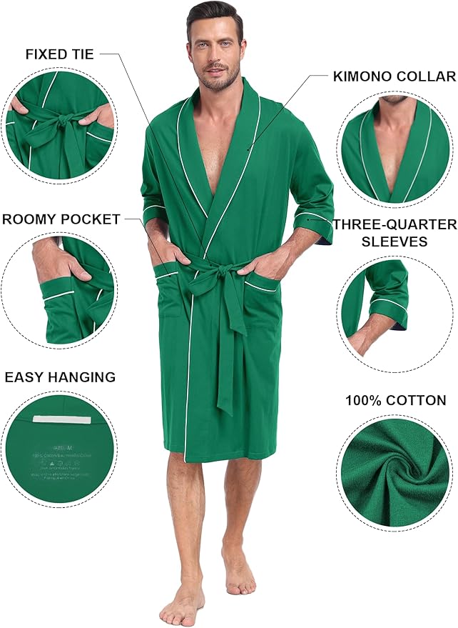 COLORFULLEAF 100% Cotton Men’s Summer Bathrobe Lightweight & Breathable Short Sleeve Kimono Robe with Pockets