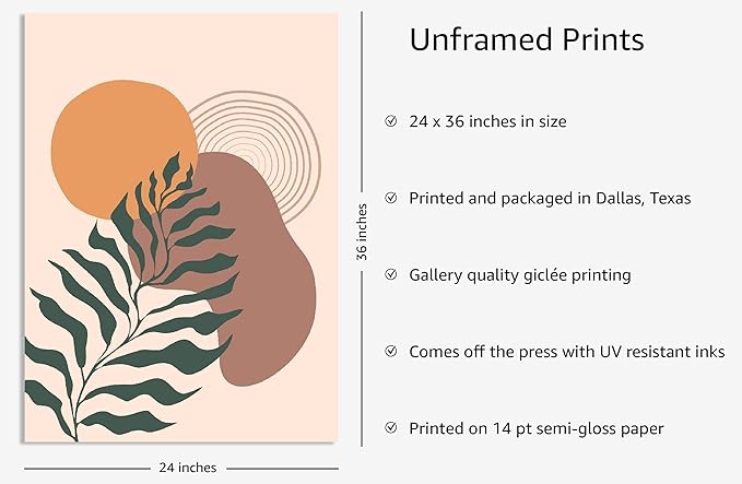 Y2K BOO Boho Monstera Leaf UNFRAMED Wall Art Abstract Sun Earth Tones Terracotta Mid Century Modern 24x36 Inch Heavyweight Paper Minimalist Botanical Studio Decor