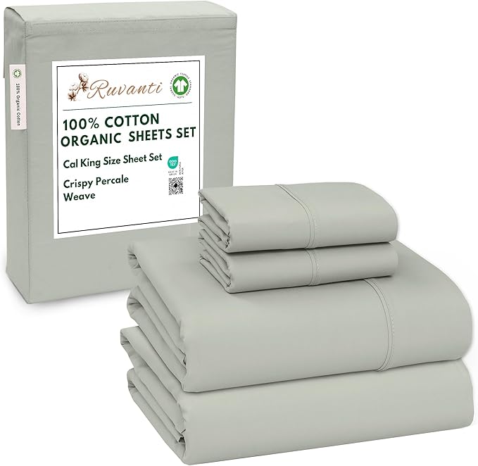 RUVANTI 100% Cotton Organic Percale Sheets Cal King Size – Crisp Cooling Bed Sheets for Hot Sleepers, Deep Pocket 13”, Soft Peach Finish, Breathable & Durable Hotel-Style 4 Pcs, Mineral Gray