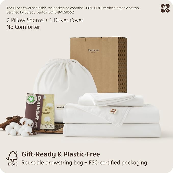 Bedsure GOTS Organic Cotton Queen Duvet Cover Set, Pure White, 90" x 90" | for Sensitive Skin—8 Interior Ties Keep Insert Secure, Hidden Zipper, Breathable Comfort in Ivory with 2 Pillow Shams