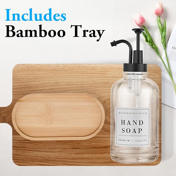 Glass Soap Dispenser with Pump,Tray,Funnel, Countertop Soap and Lotion Dispenser Set of 2, Dish and Hand Soap Dispenser Bottle for Kitchen,Bathroom,Shower, with 60 Stickers, 500ml/16.9oz