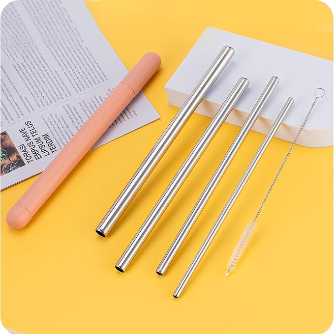 4-Pack Stainless Steel Straw Set - 215mm (8.5") Length, 6/8/10/12mm (0.24"/0.31"/0.39"/0.5") Diameters - Fits Coffee, Smoothies & All Cup Sizes - Reusable & Dishwasher Safe(Beige)