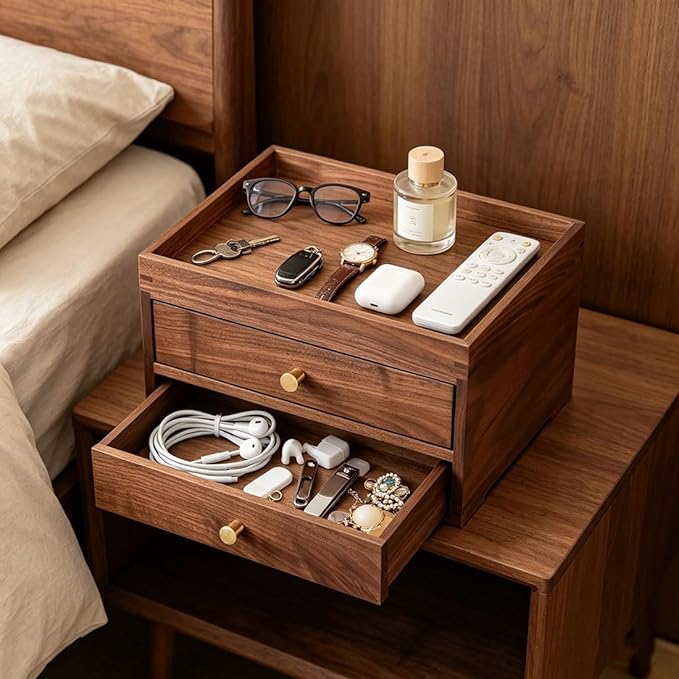 Solid Walnut Wood Desk Drawer Organizer – 1/2 Tier Desktop Storage Box with Drawers for Stationery, Makeup, Jewelry, Remote Control (Double)