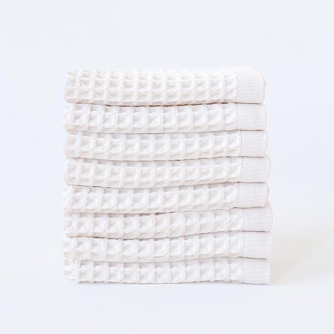 Waffle Washcloths Set of 8 White - Premium Quality 100% Turkish Cotton Face Washcloth, Soft Makeup Towel, Shower Cloth, Kitchen Towel (White, Set of 8 Washcloths)