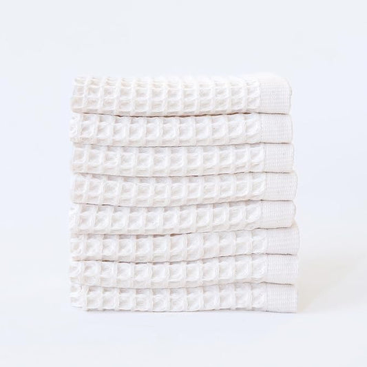 Waffle Washcloths Set of 8 White - Premium Quality 100% Turkish Cotton Face Washcloth, Soft Makeup Towel, Shower Cloth, Kitchen Towel (White, Set of 8 Washcloths)