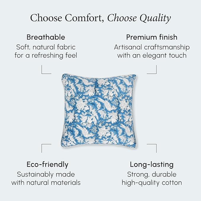 CPC 100% Cotton Throw Pillow Covers 24x24 Inch, Set of 2 Blue Block Print Pattern Couch Pillow, Cute Boho Decorative Pillows for Living Room, Bedroom with Hidden Zipper- Blue Sapphire