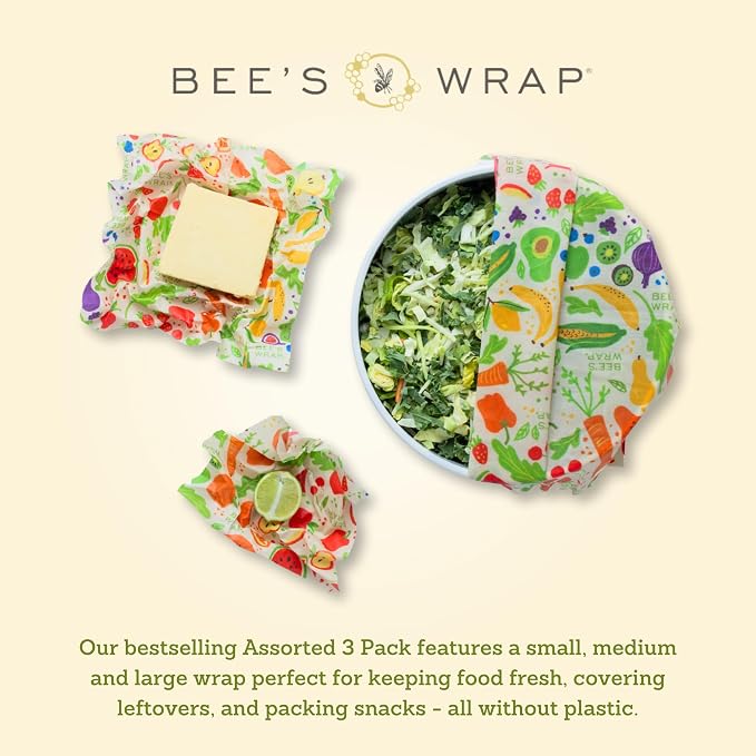 Bee's Wrap Beeswax Wraps for Food - 3 Pack of Assorted Beeswax Wraps - Small, Medium & Large Wrap - Plastic Free Made in USA Reusable Natural Food Wrap - Garden Party Print