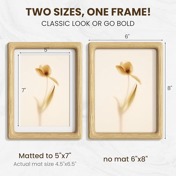 6x8 Picture Frame, USA-Sourced Oak Wood Photo Frames with HD Tempered Glass, Display Photo 5x7 with Mat or 6x8 Without Mat, 5x7 Frame for Tabletop or Wall Display, Oak Color, 1 Pack