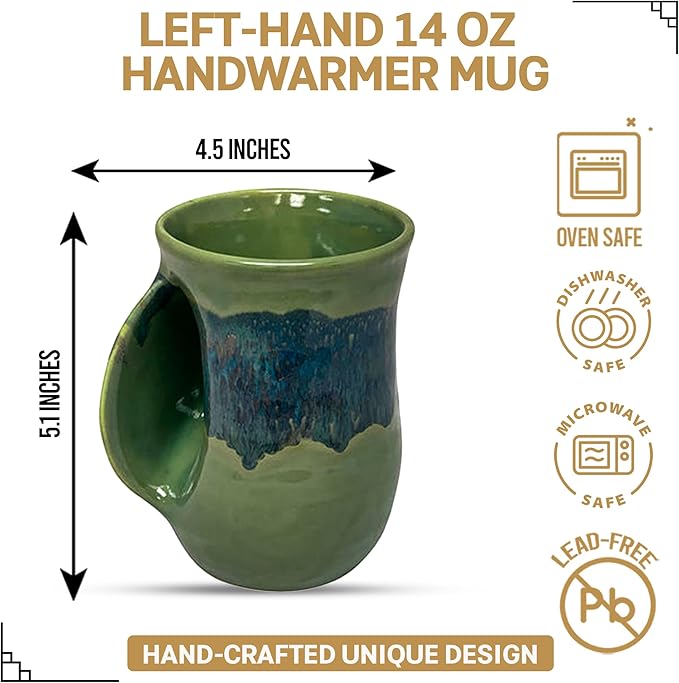 Clay in Motion Hand Warmer Coffee Mug – Handmade Coffee Mug With Comfortable Handle Contoured Pocket Hand Warming Ceramic Coffee Mug – Proudly Made in USA – Left Handed – 14 Oz - Misty Green