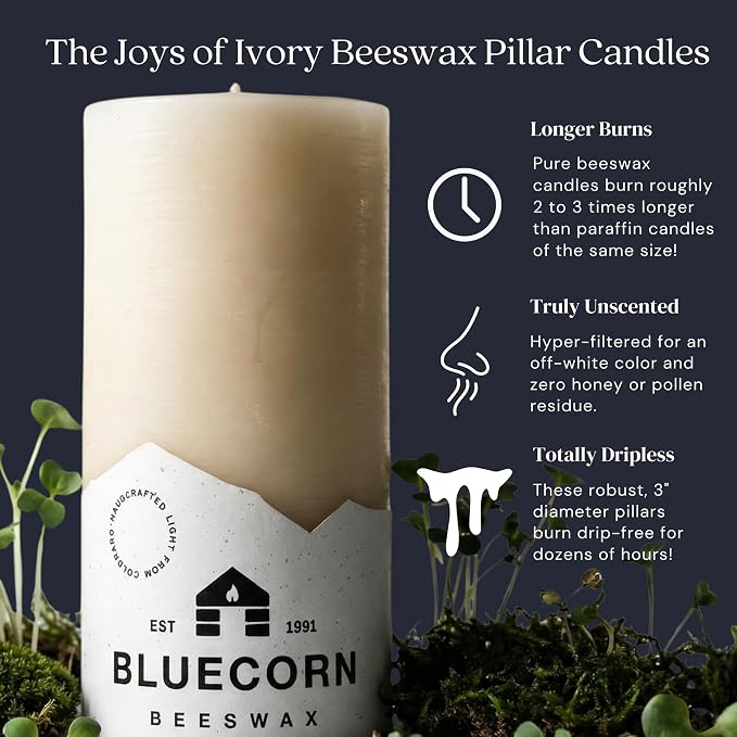 Bluecorn Beeswax 100% Pure Beeswax Pillar Candles | Ivory White 2x4.5 Pillar Candle Set | Non Toxic, Unscented, Clean Burning | Cotton Wick, Dripless, 36 Hr Long Burning | Handmade in USA | 6 Pack