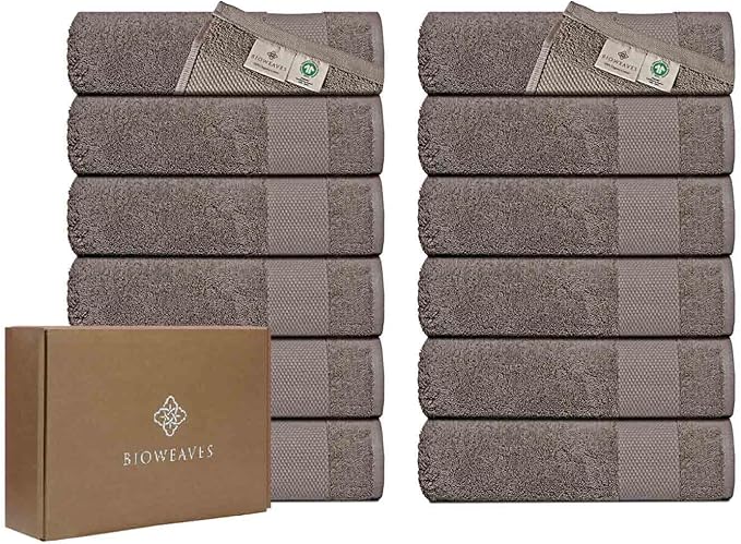 BIOWEAVES 100% Organic Cotton 700 GSM Plush Washcloths 13" x 13" GOTS Certified - Taupe, Pack of 12