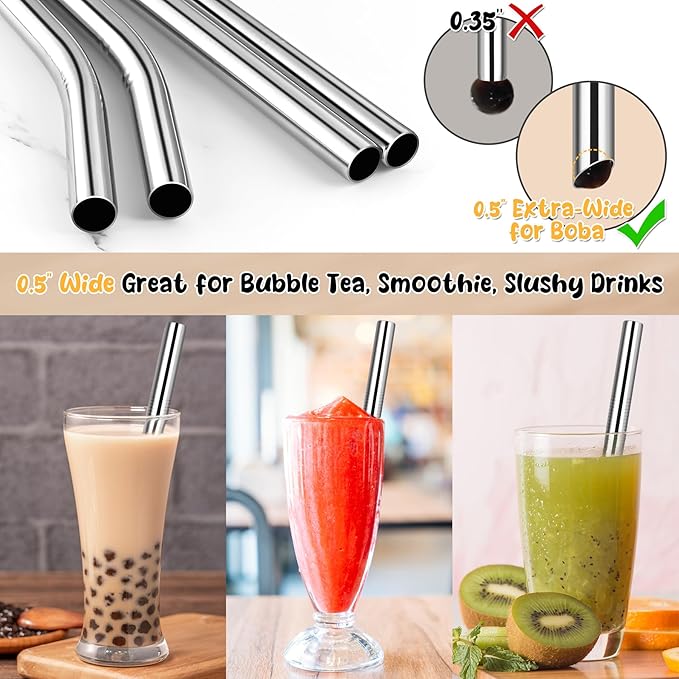 NiHome 8-Pack Stainless Steel Straws for Boba, Smoothie, 10.4” Metal Straws | 0.5'' Extra Wide Metal Reusable Straws, 4 Bent & 4 Straight Long Drinking Straw for Bubble Tea, Milkshake, 2 Brushes, Silver