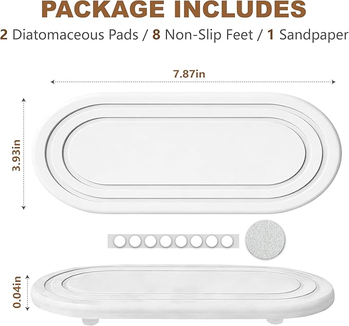 2PCS Quick Dry Water Absorbing Stone Tray, Natural Diatomite Sink Tray for Kitchen Counter, Bathroom Vanity Organizer, Faucet Mat, Soap Dish & Bar Coaster