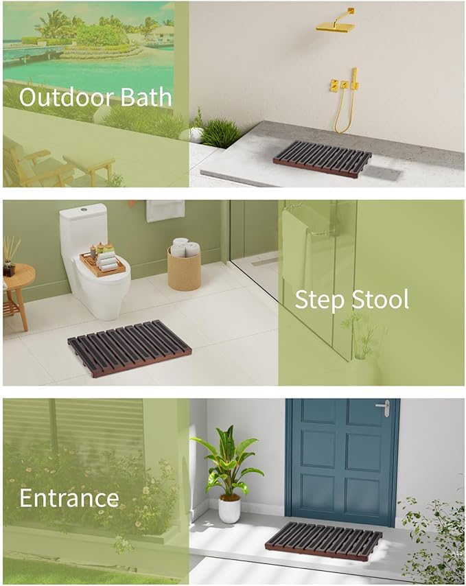 Bamboo Bath Mat, Bamboo Shower Mat for Bathroom, Non-Slip Bathroom Mat with Anti-Slip Stickers, Easy Clean Wooden Bath Floor Mat for Indoor Outdoor （ Brown, 21×13×1.57Inches）