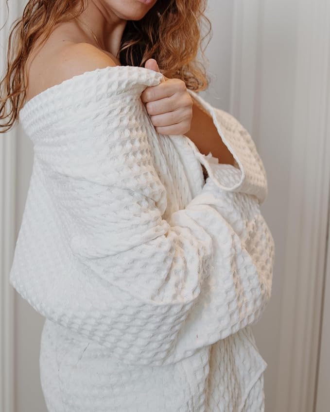 100% Cotton Waffle Kimono Bathrobe for Men & Women, Cozy Leisurewear with Functional Pockets, Comfortable Robe for Relaxation