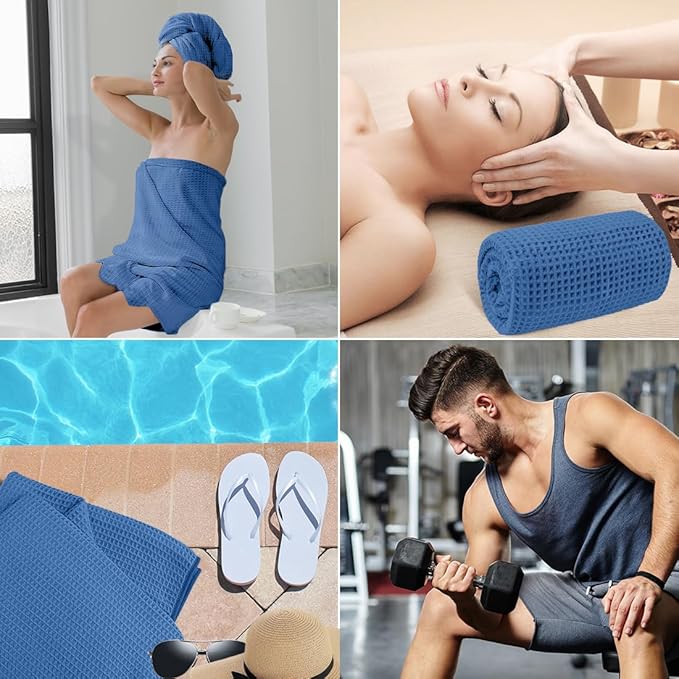 HOMEXCEL Waffle Bath Towels 4 Pack, Premium Microfiber Beach Towels, Ultra Soft, Lightweight, Highly Absorbent Quick Dry Towel for Bathroom, Beach, Pool, Gym, Shower, Hotel and Spa, 30 x 60 Inch Blue