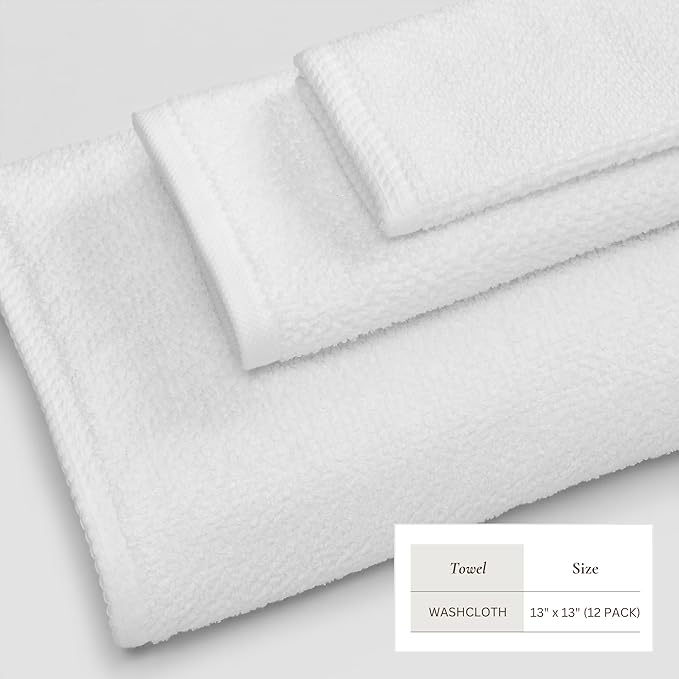 Great Bay Home 100% Cotton 12-Pack 13x13 Wash Cloth - Absorbent, Quick-Drying, Durable Face Towels for Bathroom Decor - Low-Twist, Two-Ply Fibers (Optic White)