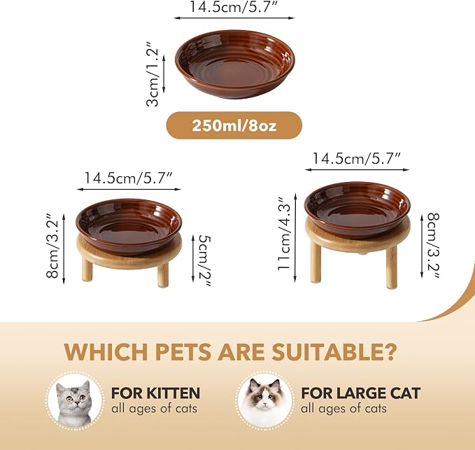 Havniva Elevated Cat Bowls Raised Ceramic Cat Bowl, 5.7” Wide Opening Cat Food Bowl Whisker Friendly Cat Dish Anti-Slip with Bamboo Stand, Shallow Pet Food & Water Bowl for Indoor Cats