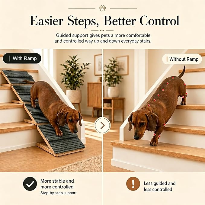 3 Pack Dog Ramp for Stairs – Solid Wood Adjustable & Foldable, 4 Heights, Non-Slip Silicone Base, Traction Felt, Raised Pause Strip, 35lb for Small & Senior Dogs