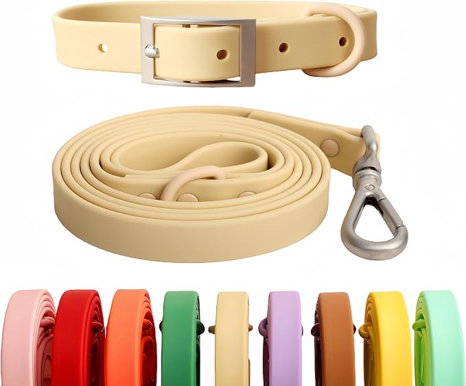 Dog Collar and Leash Set, Durable Waterproof Dog Leashes Collars, 5 Length Setting Adjustable Dog Collars for Large Medium Small Dogs (Cream, M)