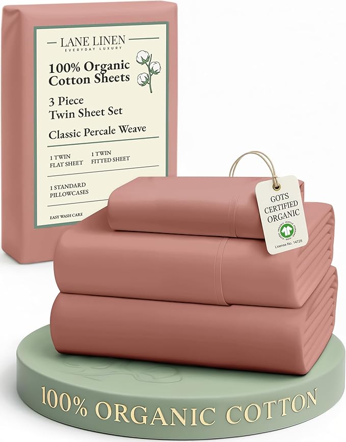 LANE LINEN 100% Organic Cotton Twin Sheet Set, Soft & Comfy Premium Bedding Sheets & Pillowcases, Luxury Hotel Like Percale Sheets, Reinforsed French Seam in Fitted Sheets Pocket - Rose Dawn