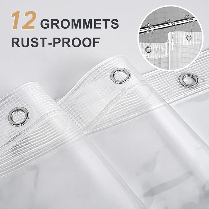 AmazerBath Heavy Duty Shower Curtain Liner 12 Gauge, 72 x 65 Inches Clear Shower Curtain Liner with 3 Clear Stones and 12 Grommet Holes, Weighted Plastic Shower Liner