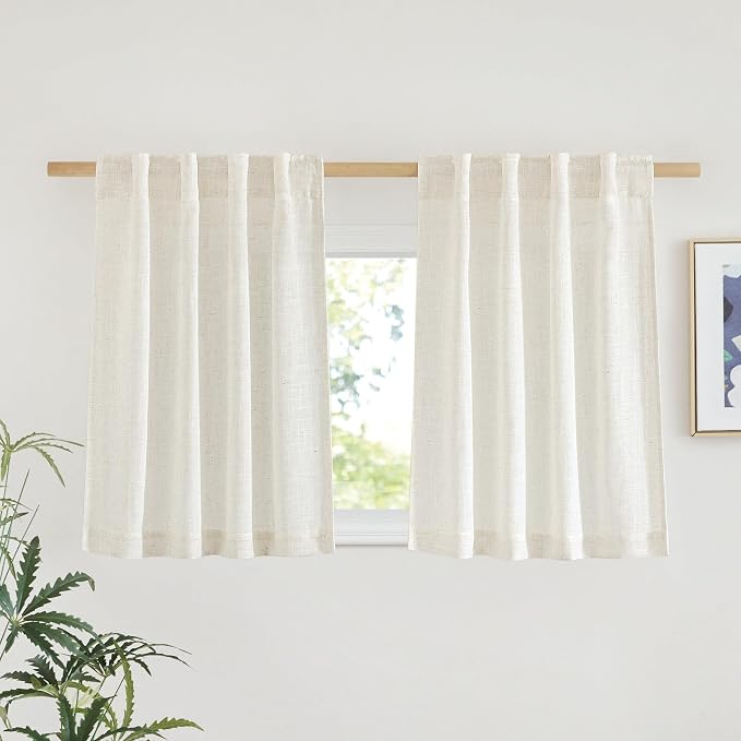 NICETOWN Natural Linen Kitchen Curtains 26 inches Long, Rod Pocket & Back Tab Semi Sheer Flax Window Treatments Rustic & Cute for Cafe/Kids Room, W37 x L26, 2 Panels