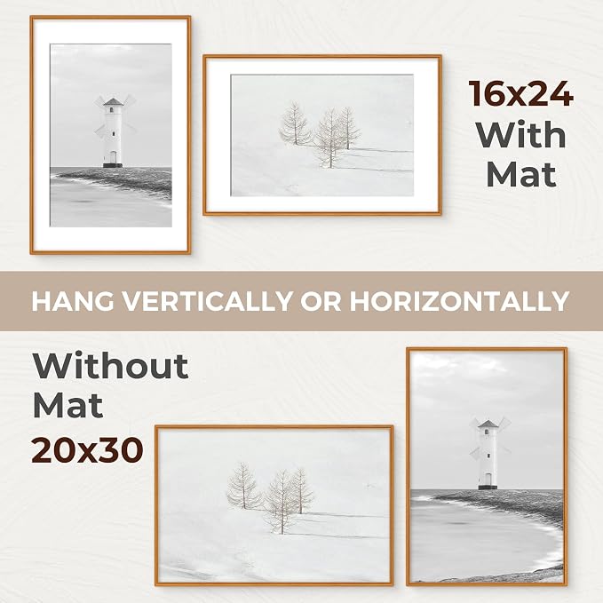 20x30 Picture Frame with Mat for 16x24, USA-Sourced Teak Wood Handcrafted Rounded Corner with HD Tempered Glass, 20 x 30 Gallery Wall Frames for Posters & Art Prints, Vertically or Horizontally