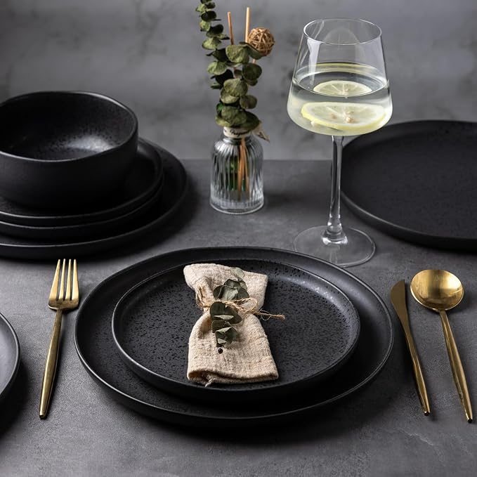 AmorArc Ceramic Dinnerware Sets, Wavy Rim Stoneware Plates and Bowls Sets,Dishwasher & Microwave & Oven Safe Dishes set, Service for 6 (24pc)-Charcoal Matte
